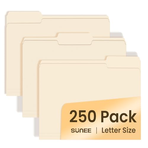 Image of SUNEE Manilla Folders Letter Size (8.5 x 11 inches), 250 Per Box, 1/3 Cut Tab for Easy Labeling and Organization, Durable Standard Paper for Home, Office, School Filing