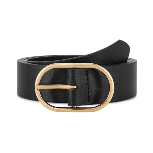 LEACOOLKEY Gürtel aus Kunstleder für Damen für Jeans mit goldener Schnalle eleganter Gürtel, Schwarz , 100cm(Misura vita 70cm-85cm)