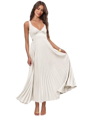 Satin Bridesmaid Dresses for Women - V Neck Sleveless A Line Ruffle Pleated Maxi Formal Evening Dress