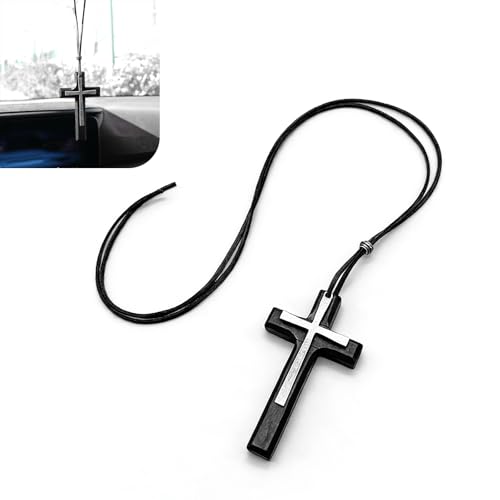 Yidcidu Cross for Car Mirror Hanging, Christian Wood Cross Ornament, Retro Trendy Decor, Universal Auto Interior Accessories (Black)
