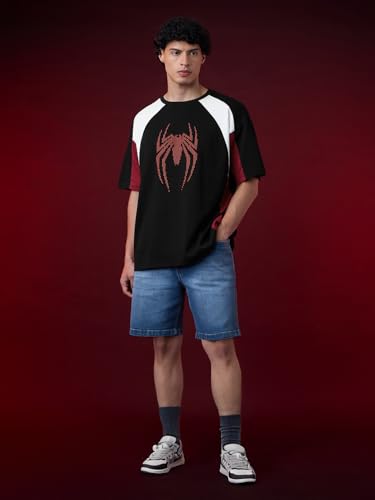 Image of The Souled Store Official Marvel: Spider x Venom Oversized T-Shirt for Men Boys Cotton Casual Half Sleeves Baggy Loose Fit Drop Shoulder Round Neck Black