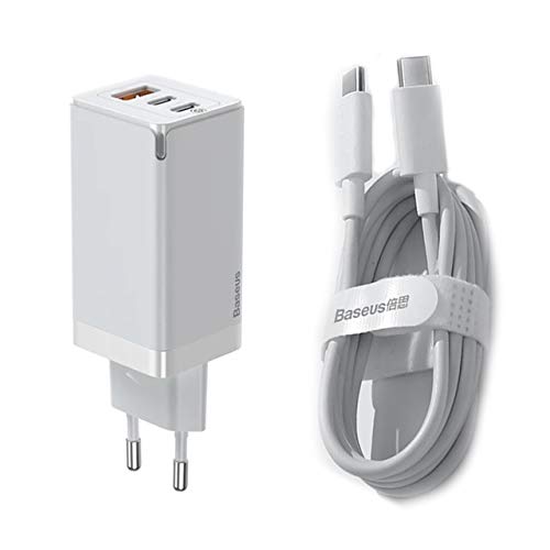 Image of 65W Gan 3 Pro Fast Charger (C+U) QC 4.0 3.0 USB Type-C PD with 100W Type-C to Type-C Cable For Smartphones, Tablets, Laptops - White