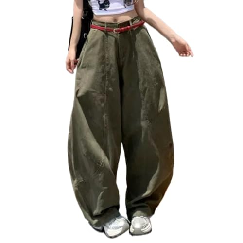 Women's Barrel Jeans Wide Leg Mid Rise Loose Y2k Baggy Boyfriend Jeans Denim Trousers Vintage Streetwear Green Pants