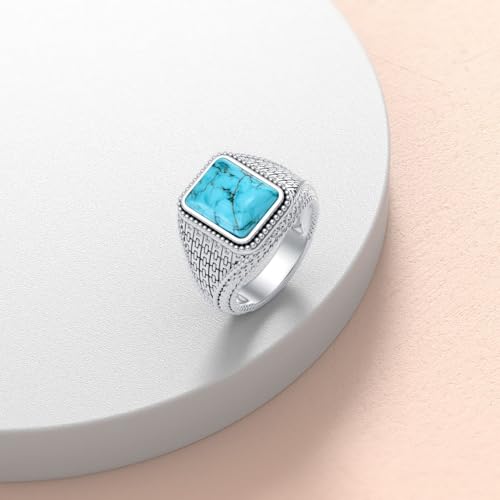 Turquoise Rings for Men 925 Sterling Silver Western Vintage Genuine Square Turquoise Gemstone Ring Jewelry Gifts for Birthday Father's Day Size 7 to 143