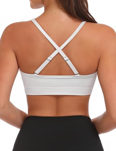 Buauty V Neck Sports Bra for Women, Padded Push up Women's Sport Bras Adjustable Thin Straps, Light Support Yoga Camisole Basic Top, Low Impact Spaghetti Strap Sport Racerback Bras White L4