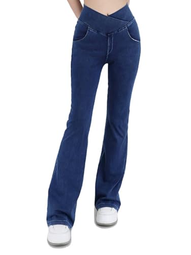 Women's High Waisted Crossover Butt-Lifting V-Waisted Flare Jeans Yoga Denim Pants with Double Pockets