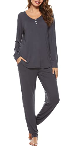 Vlazom Pyjamas Set for Women, Soft Two Pieces Pjs Sets Long Sleeve Button Down Tops and Pants Sleepwear with Pockets,A-Grey,L