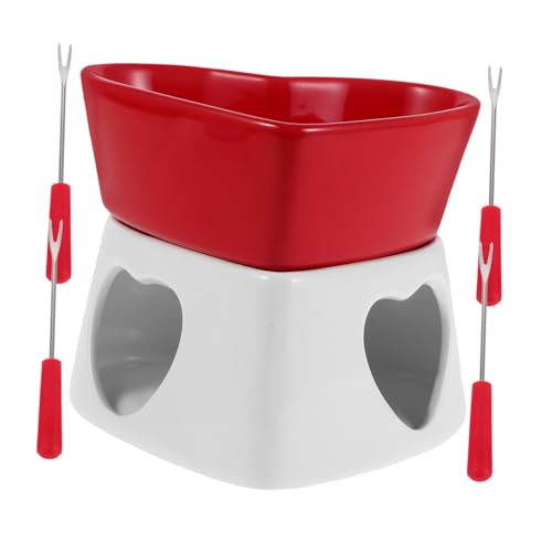 STOBAZA 1 Set Mini Chocolate Melting Pot: Ceramic Butter Warmer Heart Shaped - Mini Fondue Pot with Forks for Milk Cheese Chocolate Butter Caramel for Parties