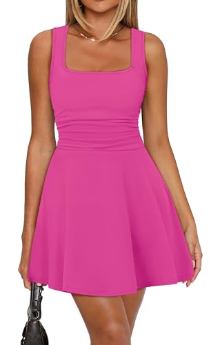 OFEEFAN Hot Pink Dress Valentine Dress for Women Spring Dresses for Women Cute Square Neck Dress Casual Short Sundress M