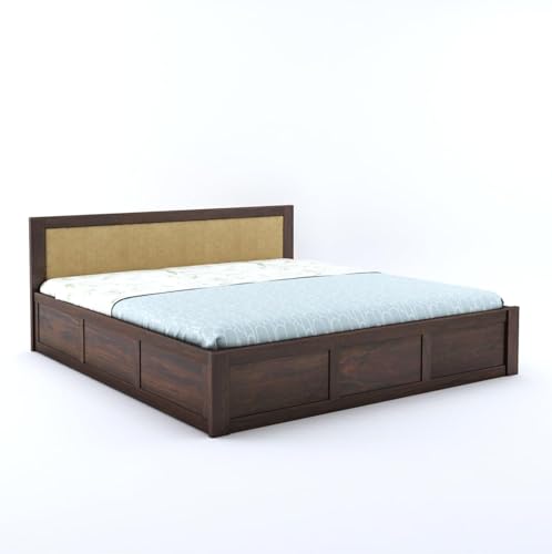 Image of Sheesham Wood Queen Size Bed with Box Storage for Bedroom Living Room Home Hotel Bed with Headboard Pannel | Wooden Double Bed Cot Palang Furniture (Walnut Finish) - 1 Year Warranty