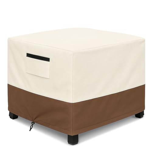 Waterproof Patio Ottoman Cover Square Outdoor Side Table Furniture Cover with Padded Handles 600D Heavy Duty Windproof All-Weather Patio Furniture Cover UV Resistant 32 x 32 x 18 Inch Beige&Brown