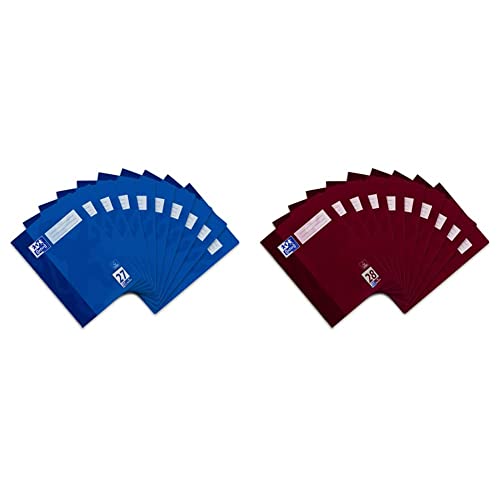 Oxford Schulheft A4, liniert, mit Doppelrand, 32 Blatt, blau, 10 Stück & Schulheft A4, kariert, mit Doppelrand, 32 Blatt, bordeaux, 10 Stück