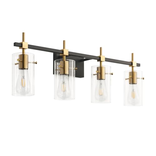 Image of SOLFART Farmhouse Brass Bathroom Vanity Lights fixtures Over Mirror Vintage Bathroom Lighting Wall Sconce with Glass Shade 4 Lights