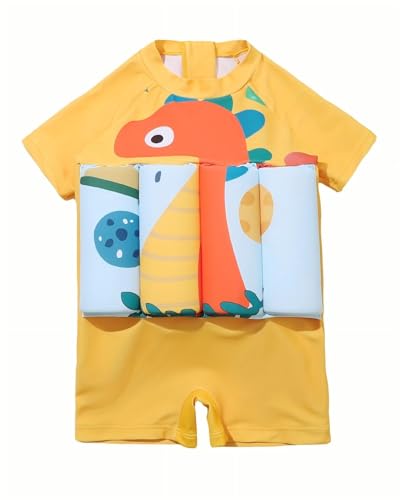 Floatie Swimsuit for Toddlers Boys Girls Floating Bathing Suit Baby Kids Float Learn to Swim Suit Floatation Beach Pool Light Yellow Dinosaur 1-2 Years