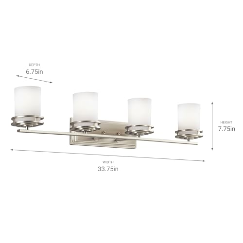 Image of Kichler Hendrik 33.75 inch Vanity Light in Brushed Nickel, 4-Light Modern Bathroom Vanity with Satin Etched Cased Opal Glass, (33.5 inch W x 7.75 inch H), 5079NI