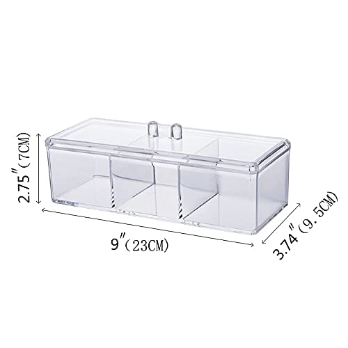 Image of Sooyee Qtip Holder Rectangle Cotton Ball and Swab Holder Organizer with Lid, Dustproof,Waterproof,Clear Acrylic 3 Compartment Cotton Pad Container for Cotton Swabs, Make Up Pads, Cosmetics