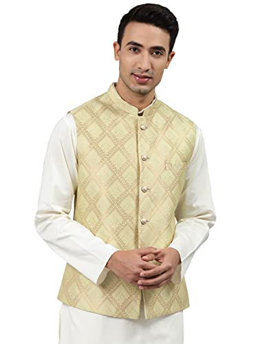 Image of MANQ Men Fawn Woven Jaquard Silk Nehru Jacket