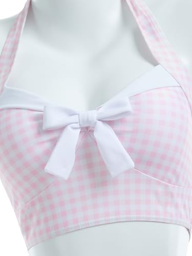 Women's Bikini Sets 50's Retro Vintage High Waist Plaid Self-Halter Bathing Suit with Headband4