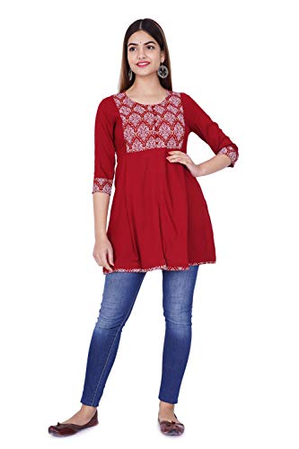 Image of Rayon Shiva Fab Women'S Casual 3 /4 Sleeve Printed Women Top, Casual Tunic Tops Tees For Girls For Office Wear, Casual Wear (Medium, Red Silver)