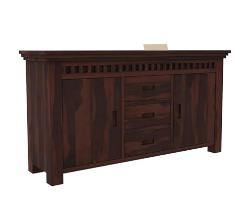Image of Credenza Solid Sheesham Wood Sideboard Cabinet with 3 Drawers & 2 Doors | Wooden Buffet Storage Unit for Living Room, Kitchen & Home Office | Modern Solid Wood Cabinet | Walnut Finish