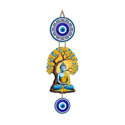 Image of Artvibes Buddha Under Bodhi Tree Wall Hanging with Evil Eye Protection Charm | Spiritual Meditation Decor for Peace | Harmony and Positive Energy | Wall Art for Living Room | Yoga Room (WH 8595N)