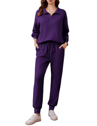 Image of PINSPARK 2 Piece Sets for Women Long Sleeve Half Zip Tracksuit Jogger Sets | Luxury & Coziness Fabric, Kangaroo Pocket Sweatshirt, Drawstring Joggers Pants,2026 Fall Travel Outfits Lounge Set