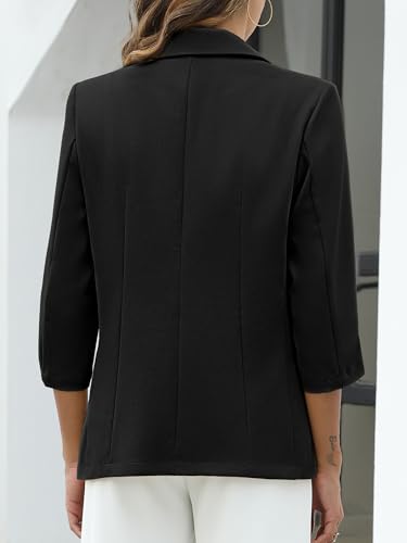 ELLEVEN Women's Linen Blazer 3/4 Ruched Sleeves, Lightweight Slim Fit Jackets with Pockets Half Lining2