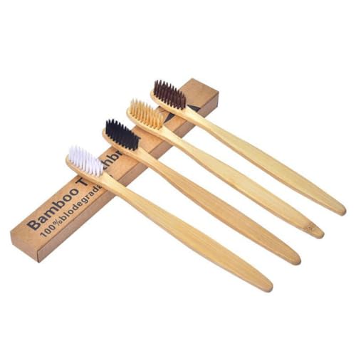 SAFIGLE 4 Piezas Cepillo de Dientes Desechable de Bambú Carbón Activado, Cerdas de Nylon Suaves para Cuidado Oral y Encías Saludables, Ecológico y Biodegradable