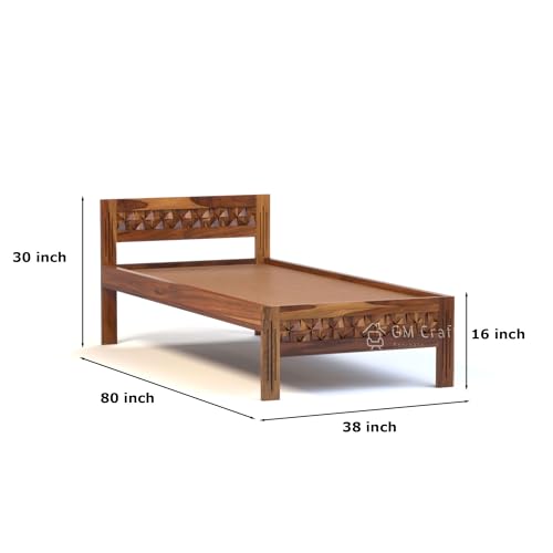 Image of Sheesham Wood Single Bed, Diamond Pattern Headboard, 80 x 38 inches, Without Storage (Honey)