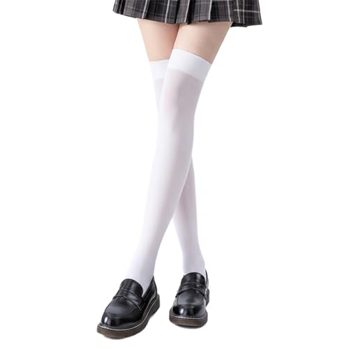 Image of Women's White Thigh High Socks - Opaque Over the Knee High Stockings with Anti-Slip Silicone Band, Soft Velvet Elastic Long Socks for Lolita, Cosplay & Daily Wear
