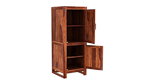 Image of Wooden Wardrobe for Bedroom, Almirah with Double Door & Multiple Shelves Storage, Solid Sheesham Wood, Honey Finish
