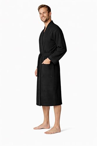 Image of Turkish Linen Men's Waffle Bathrobe Lightweight Kimono Spa Robe - Quick Dry Bath & Shower Robe for Men with Pockets