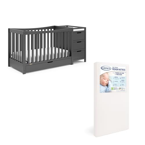 Image of Graco Remi 4-in-1 Convertible Crib & Changer (Gray) - with Graco Premium Foam Crib & Toddler Mattress