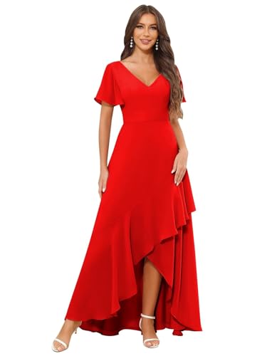 MAGGCIF Women's V Neck Bridesmaid Dresses Long with Sleeves Ruched Chiffon Formal Evening Gowns