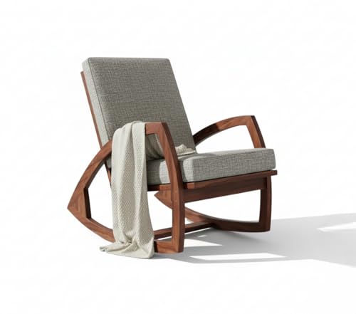 Image of Solid Sheesham Wood Rocking Chair for Living Room - Upholstered Relaxing Chair - Wooden Rocking Chair for Adults for Home Outdoor Indoor (Walnut, Kyrie)