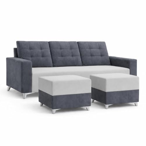 Image of Hakuna Dual Tone Plush Velvet 3 Seater + 2 Seater Sofa Set with 2 Ottoman | Silken Velvet Suede Upholstery | Designer Sofa for Living Room, Office Spaces (Dark Grey & Light Grey)