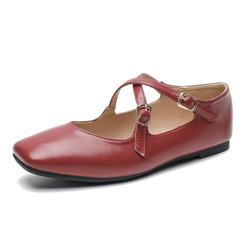 Women's Cross Strap Ballet Flats Square Toe Casual Retro Mary Jane Lolita Dress Shoes