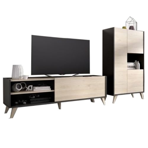 Mobelcenter, Mueble de Salón Ness Plus, Mueble TV y Aparador Bufet Comedor, Acabado Color Grafito y Natural, Medidas: Ancho: 236 cm x Fondo: 43 cm x Alto: 135 cm (P0016)