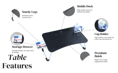 Image of MemeHo Multi-Purpose Foldable Laptop Table for Bed & Sofa | Portable Study Desk, Breakfast & Reading Table | Ergonomic Design, Non-Slip Legs | Fits up to 17 inch Laptop with Cup Holder and Dusk(Black)