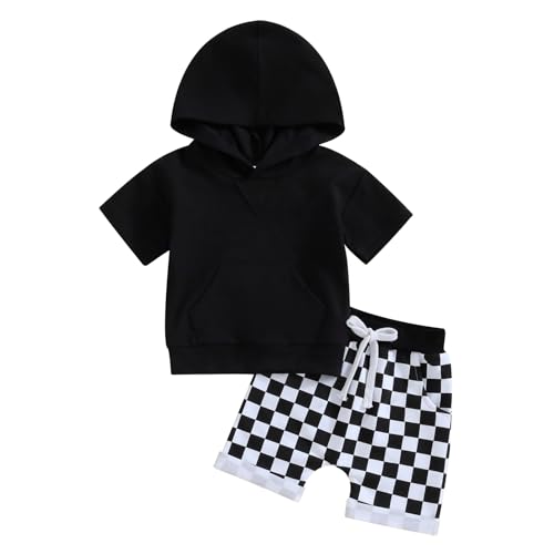 Image of Toddler Baby Boy Summer Outfit Short Sleeve Hooded Stripes Top Casual Shorts Set Infant Newborn Clothes 6 12 18 24 Month