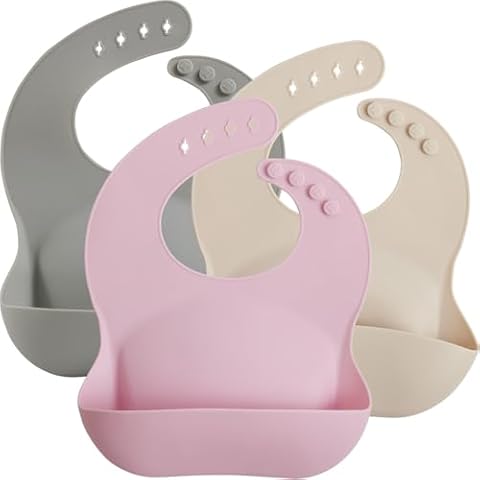 MIGHTY MONKEY BPA Free Waterproof Silicone 3 Pack Feeding Bib, Baby and Toddler Adjustable Food Catcher, Dishwasher Safe Bibs in Pink, Light Gray and Beige, 3 Item Bundle Cover