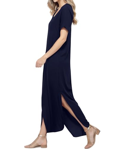 Image of Match Women's V-Neck Casual Loose Short Sleeve Long T-Shirt Dress Split Maxi Dress with Side Pocket