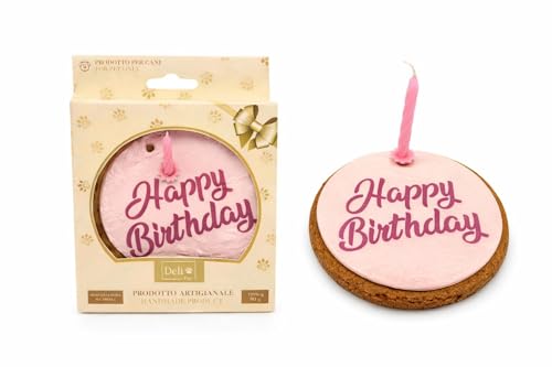 Delì Pet Torta di Compleanno per Cani con Candelina – Snack Artigianale Senza Zuccheri Aggiunti – Happy Birthday Cake per Cani – Rosa (110g)