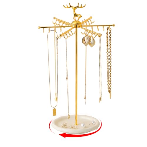 Leijosya Necklace Holder Jewelry Stand, Rotating Necklace Holder Organizer with 48 Hooks for Necklace Earring Keychains Bracelet Display Stand, Metal Necklace Tree Stand -Women Gifts (Gold)