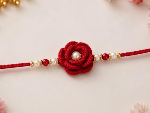 Image of Handmade Crochet Rose Flower Rakhi for Brother, Red, Cotton Yarn, with Pearl & Beads, Adjustable, Raksha Bandhan