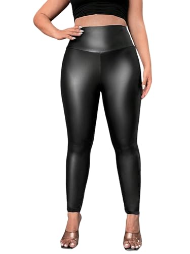 SweatyRocks Lederhose Damen Große Größen Leder Leggings Stretch Winterhose Y2k Damenhosen Rave Outfit Techno Pu Leggings Party Outfit Schwarz 0XL