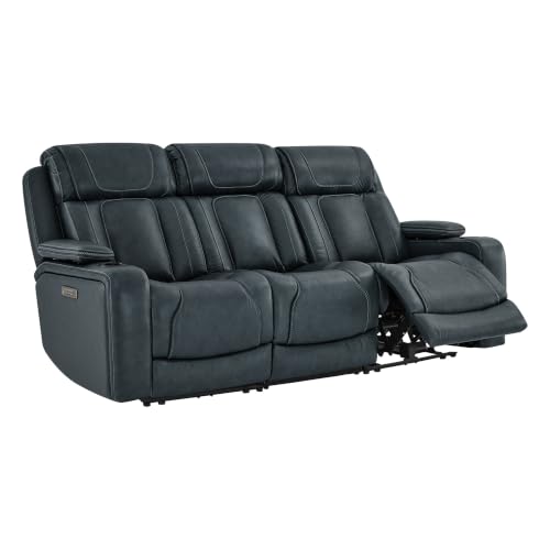 Image of Watson & Whitely Genuine Leather Reclining Sofa 3-Seat Power Lumbar, Blue