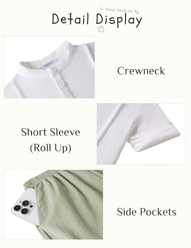 Image of Arshiner Boy's 2 Pieces Linen Sets Short Sleeve Henley Shirt and Shorts Summer Beach Matching Outfits 4-12 Years