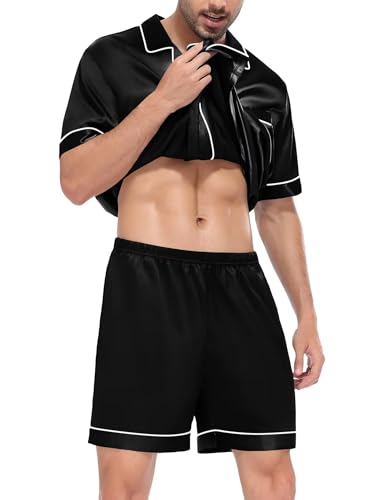 SWOMOG Satin Matching Pajamas Sets Couple Silk Button Down Nightwear Women & Men Short Sleeve Sleepwear 2 Pieces Loungewear2