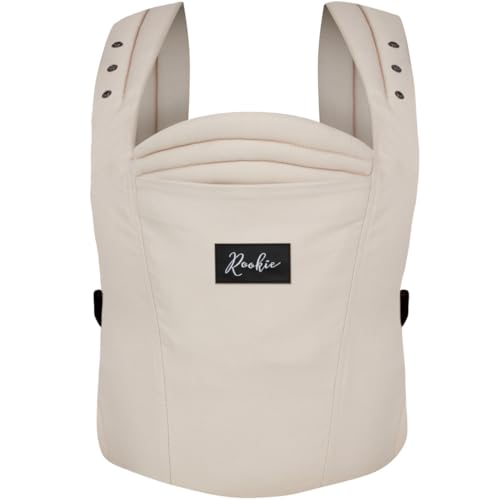 Rookie Babytrage ab Geburt - Ergonomisch Bequem Bio-Stoffe - Premium Elite Design - Baby Trage schnell & einfach angelegt - Baby carrier für Neugeborene bis 2 Jahre (Beige)